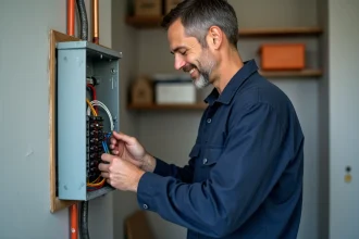 Électricien professionnel connectant fils dans un tableau électrique