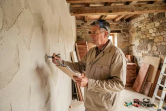 Artisan renovateur inspectant un mur en platre dans une maison en pierre en cours de renovation en Nouvelle-Aquitaine