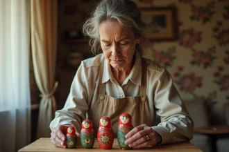 Femme entretenant des poupées Matriochka russes sur une étagère en bois dans un intérieur chaleureux