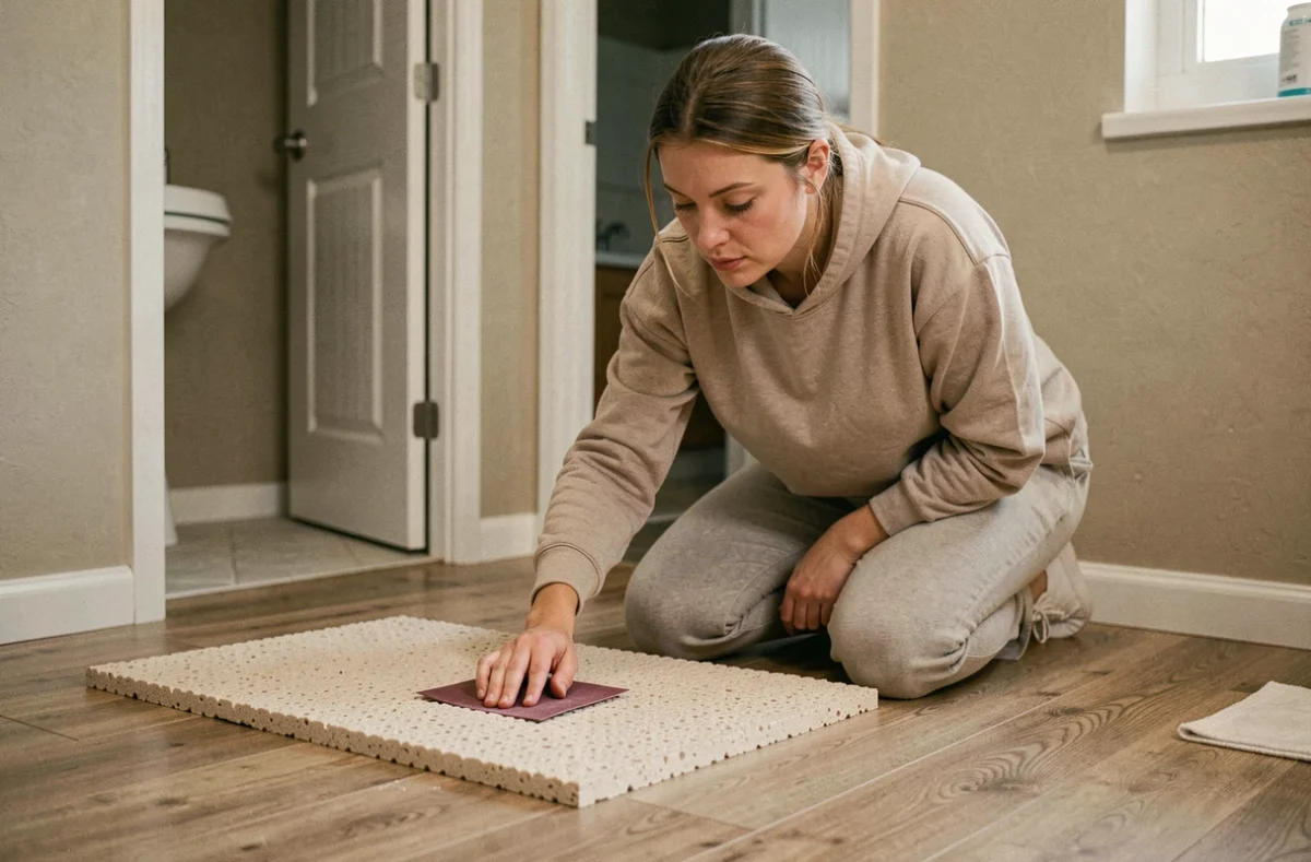 Femme ponçant délicatement un tapis de bain en diatomite avec du papier de verre pour l'entretenir