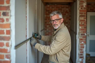 Artisan mesurant l'épaisseur d'un panneau d'isolant thermique posé contre un mur intérieur en brique d'une maison en rénovation
