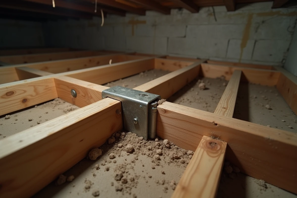 Solives de plancher bois mal installées avec entaillage excessif et fixations défectueuses dans un vide sanitaire