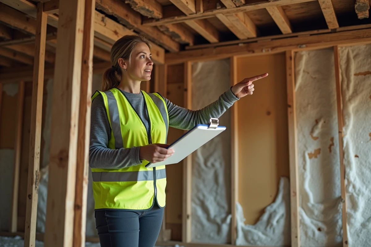 Inspectrice en bâtiment évaluant des solives de plancher bois affaissées lors d'une expertise structurelle dans une maison ancienne