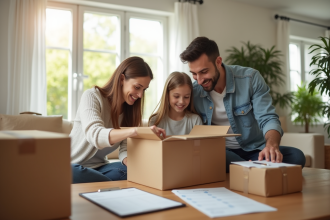 Famille organisant des cartons dans un salon lumineux