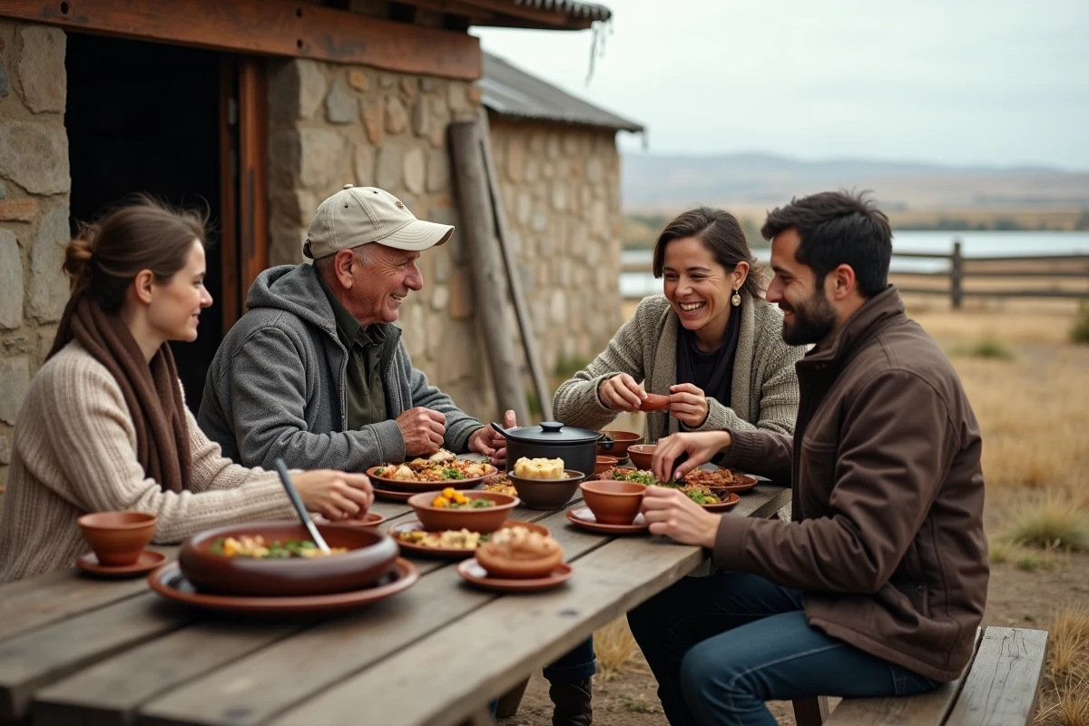 Famille réunie autour d'un repas traditionnel argentin devant une ferme en pierre en Patagonie