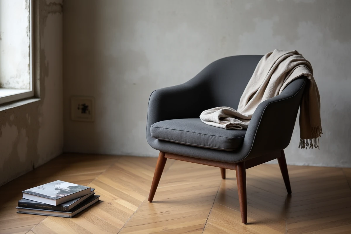Fauteuil design français en coque fibre de verre grise et pieds en noyer dans un appartement parisien