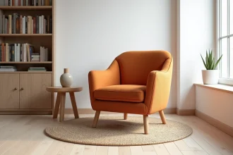 Fauteuil design scandinave en tissu bouclé terracotta dans un salon minimaliste aux tons chauds