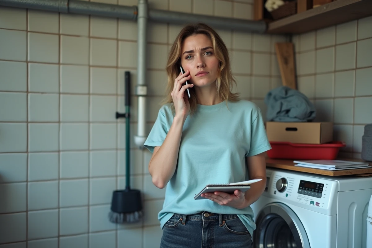 Femme appelant un professionnel de la désinsectisation depuis sa buanderie après avoir découvert des larves