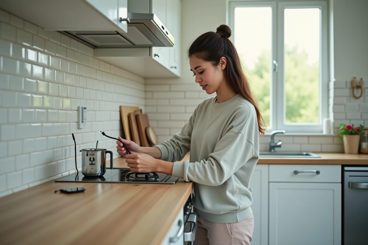 Jeune femme connecte un fil à une prise dans la cuisine