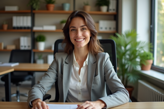 Femme souriante ajustant sa chaise ergonomique au bureau