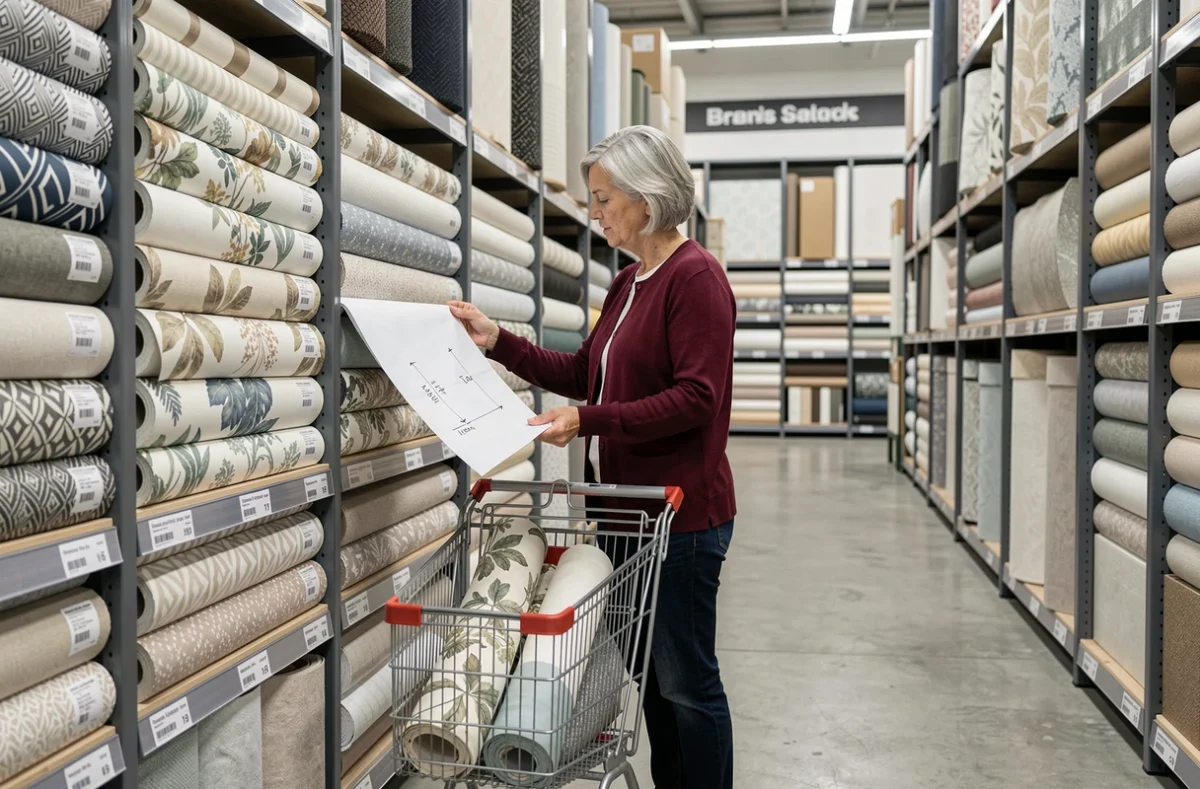 Femme choisissant des rouleaux de papier peint dans un rayon de magasin de bricolage en consultant ses mesures pour éviter le manque