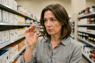 Femme examinant une petite ampoule à culot E14 dans un rayon de magasin de bricolage