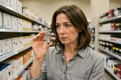 Femme examinant une petite ampoule à culot E14 dans un rayon de magasin de bricolage