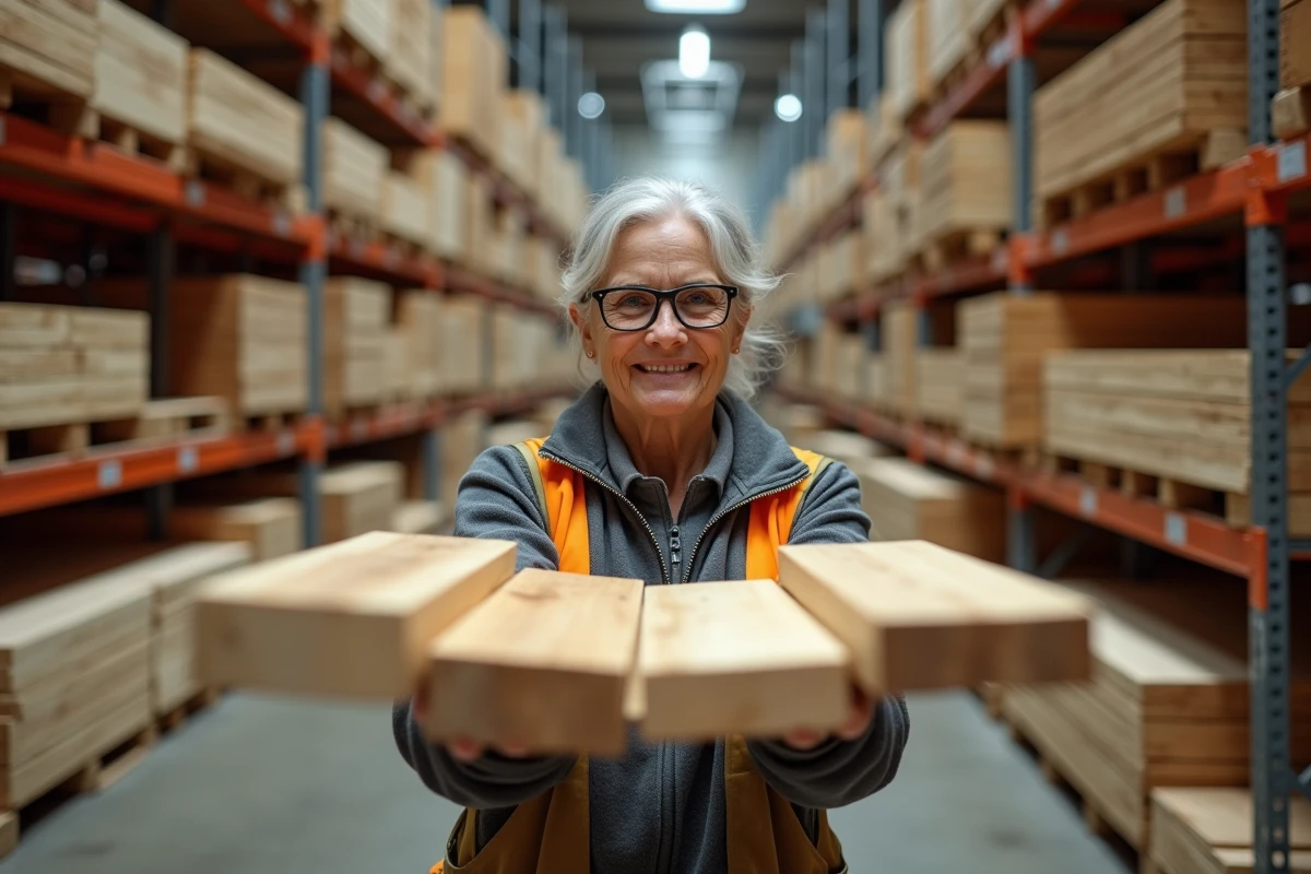 Femme comparant des planches de bois en magasin de bricolage pour optimiser un projet de lambourde à petit budget