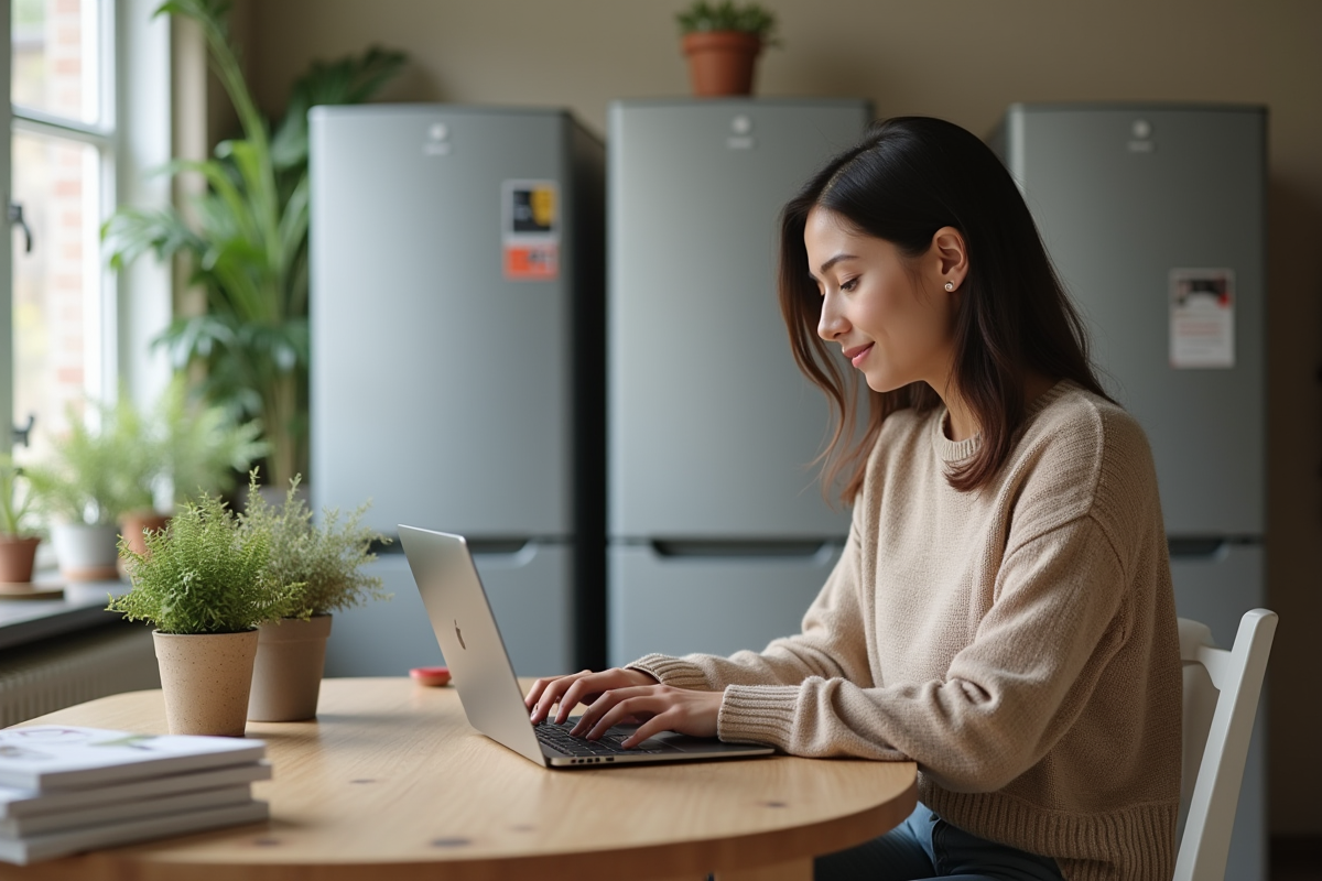 Jeune femme comparant les prix de frigos à la maison