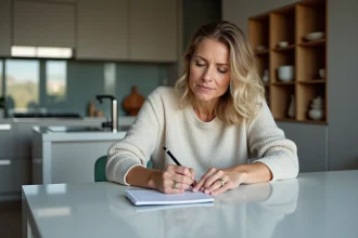 Femme moyenne âge note sa consommation d'eau dans la cuisine