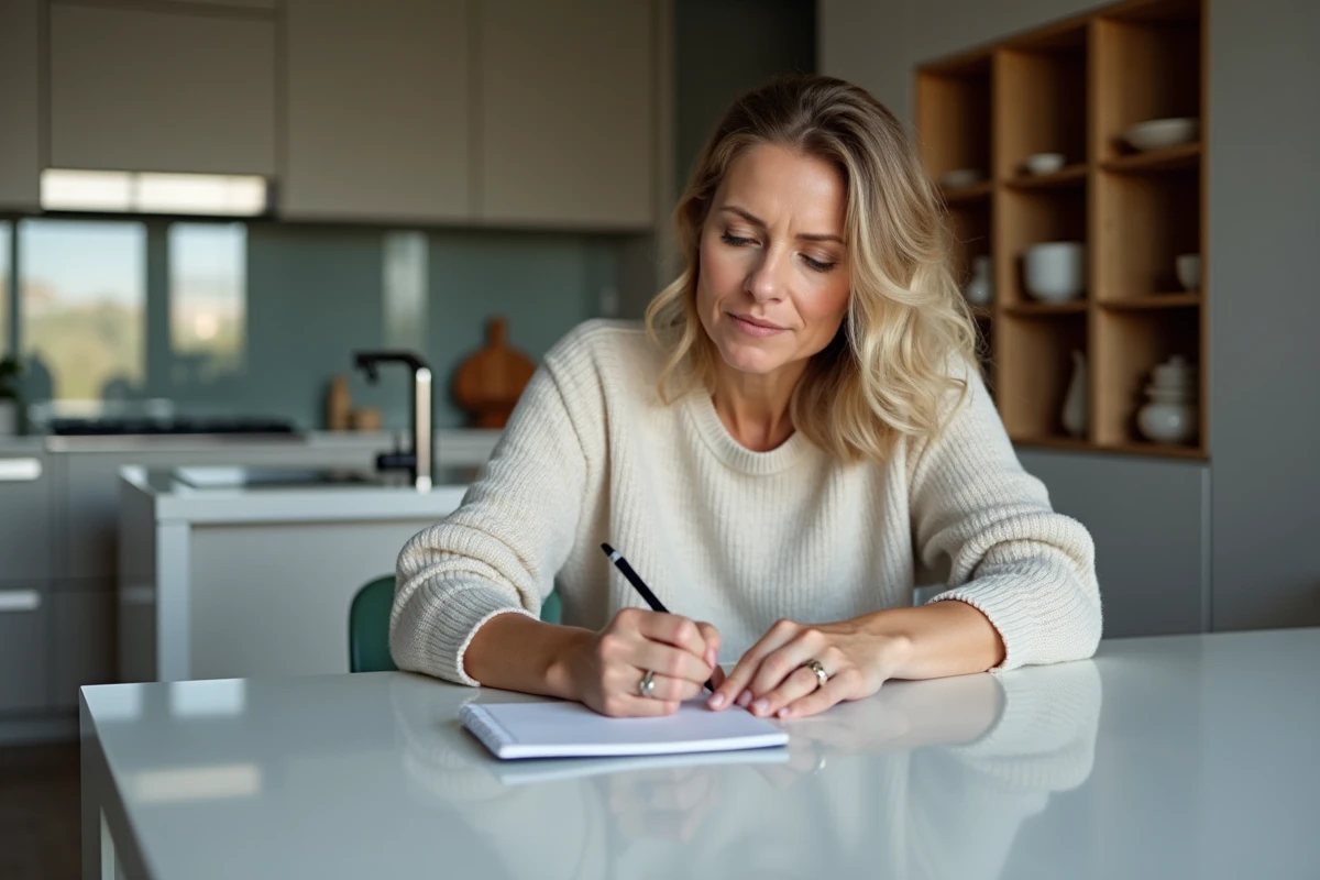 Femme moyenne âge note sa consommation d'eau dans la cuisine