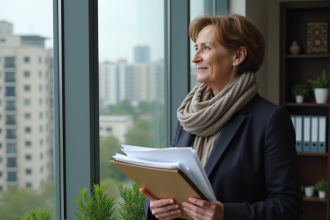 Femme d'âge moyen dans un bureau moderne contemplant la ville