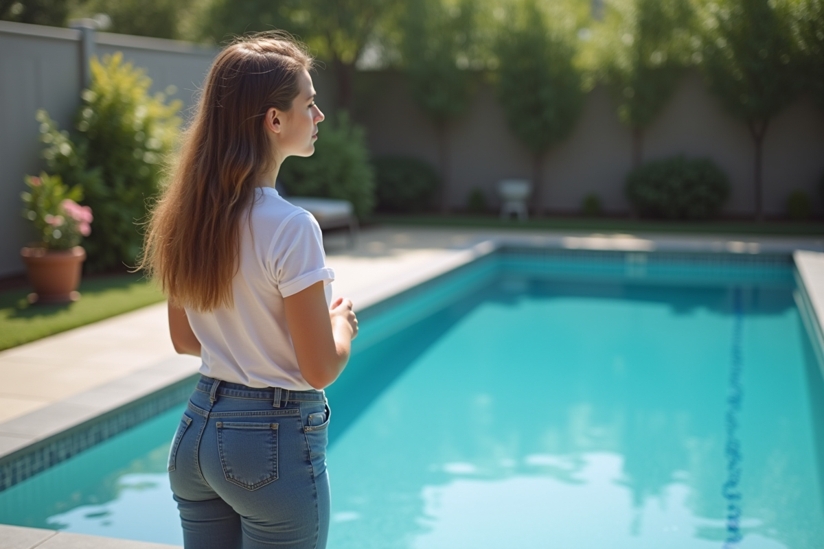 Jeune femme observe la piscine remplie d