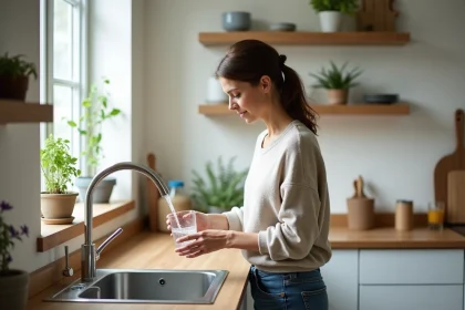Femme remplissant un verre d'eau dans une cuisine moderne