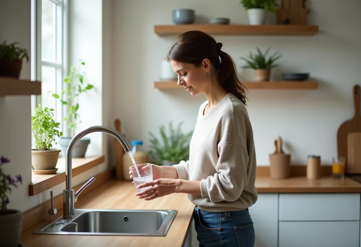 Femme remplissant un verre d'eau dans une cuisine moderne