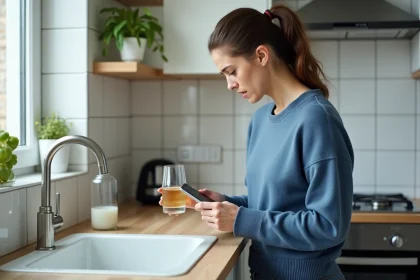 Femme inquiète tenant de l'eau jaune dans la cuisine