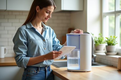 Jeune femme examine un filtre à eau moderne dans la cuisine