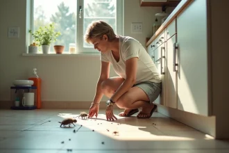 Femme inspectant un sol de cuisine avec des asticots