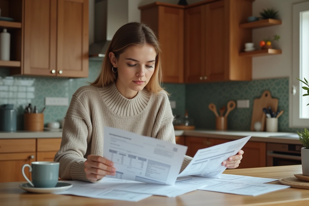 Femme étudiant des devis et échantillons de douche dans la cuisine