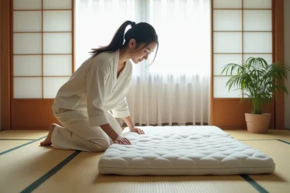 Jeune femme japonaise déployant un matelas en tatami