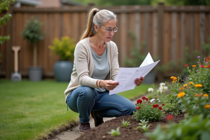 Femme d'âge moyen en vêtements casual jardinant dans son jardin