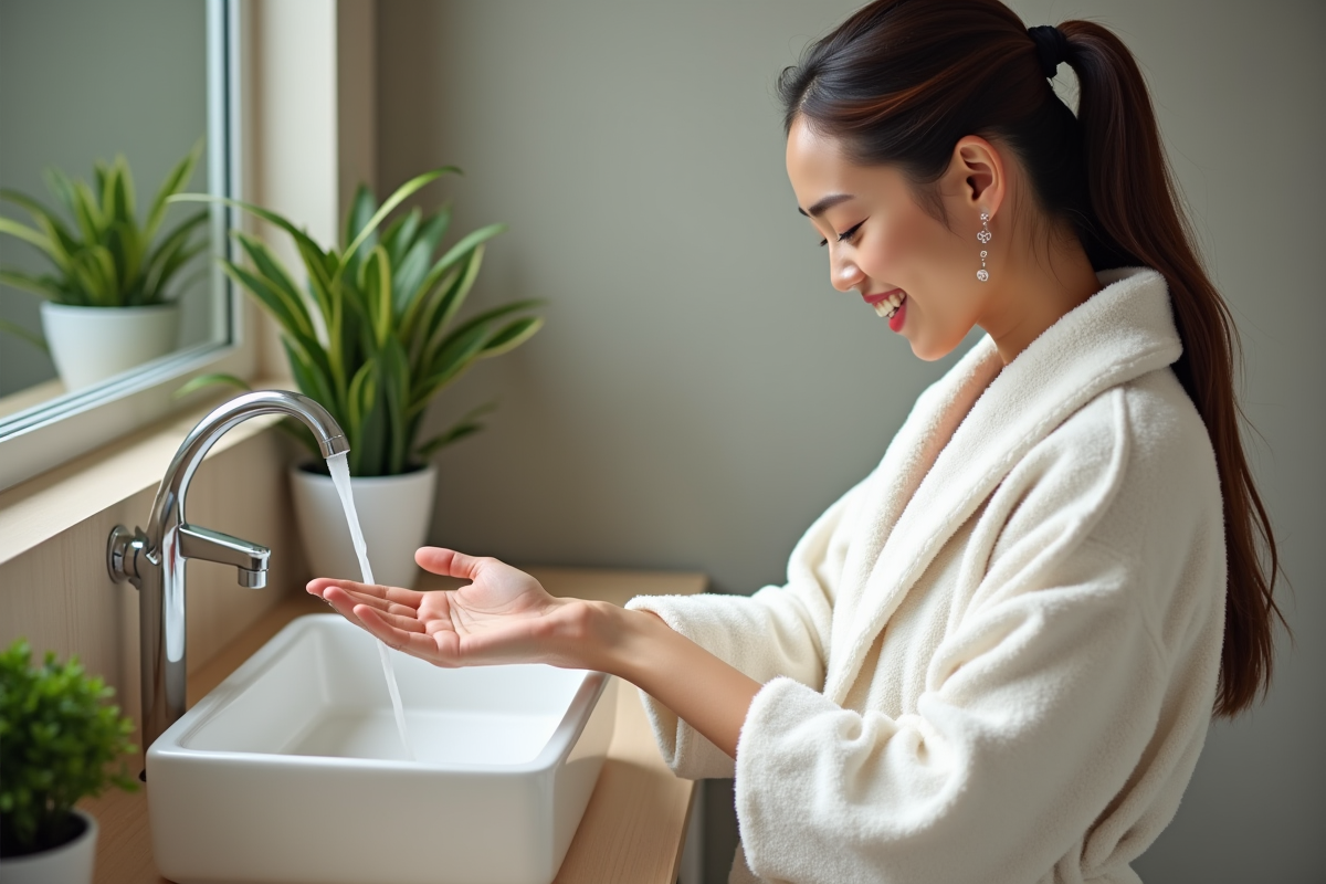 Jeune femme en peignoir se lavant les mains sous l