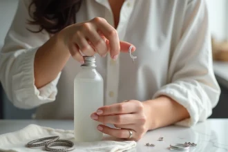 Femme lisant l'étiquette d'un nettoyant pour bijoux en argent tout en tenant une bague en argent, produits de nettoyage disposés sur un plan de travail en marbre