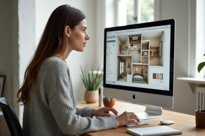 Femme utilisant un logiciel de plan 3D type Kazaplan sur ordinateur pour préparer ses achats de matériaux de construction
