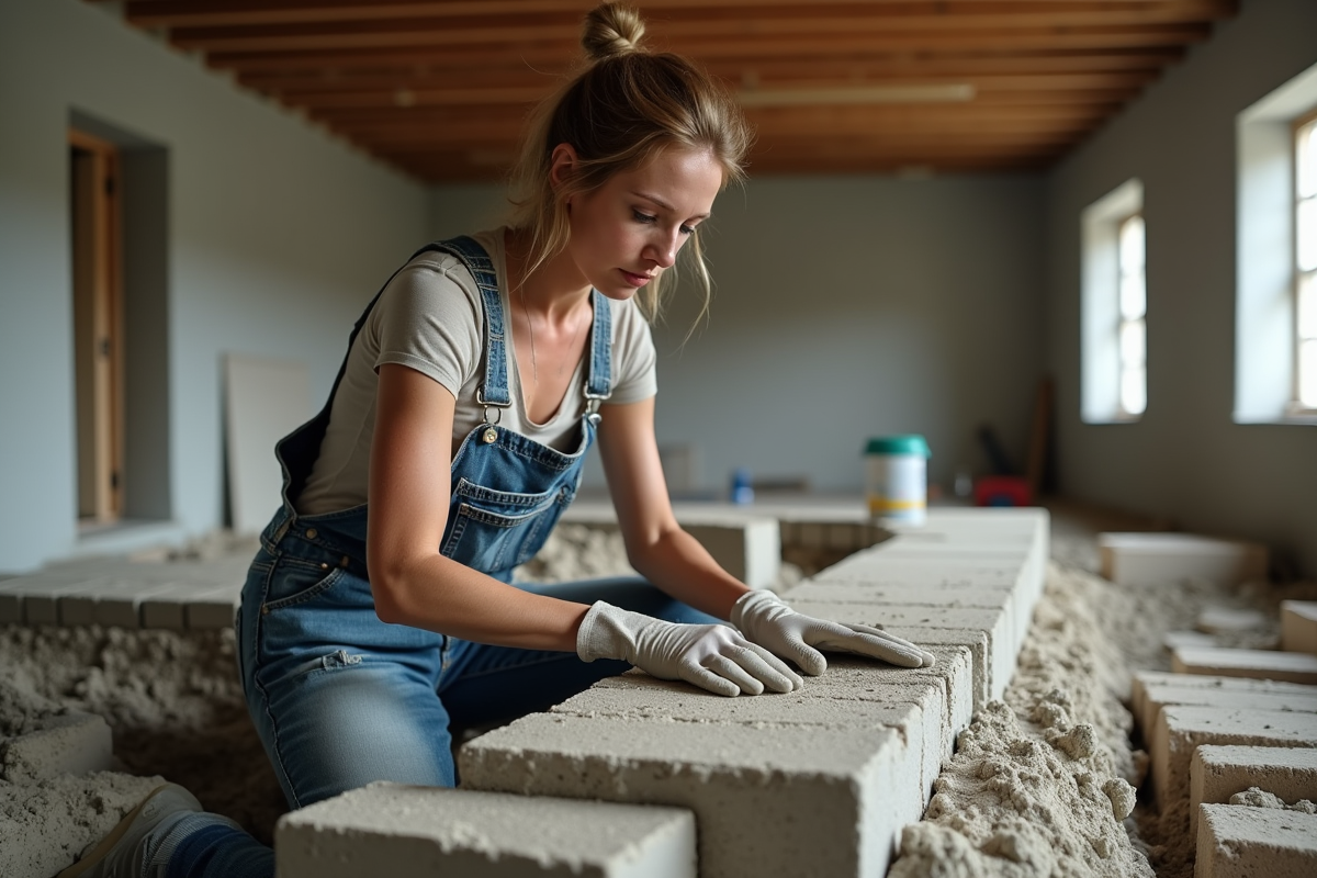 Femme appliquant du mortier sur des blocs de fondation intérieure