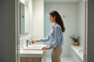 Femme mesurant l'espace entre lavabo et miroir dans la salle de bain