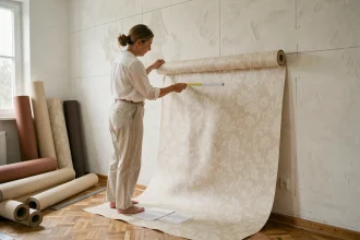 Femme mesurant et déroulant des rouleaux de papier peint dans un salon non meublé pour estimer la quantité nécessaire pour 10m²