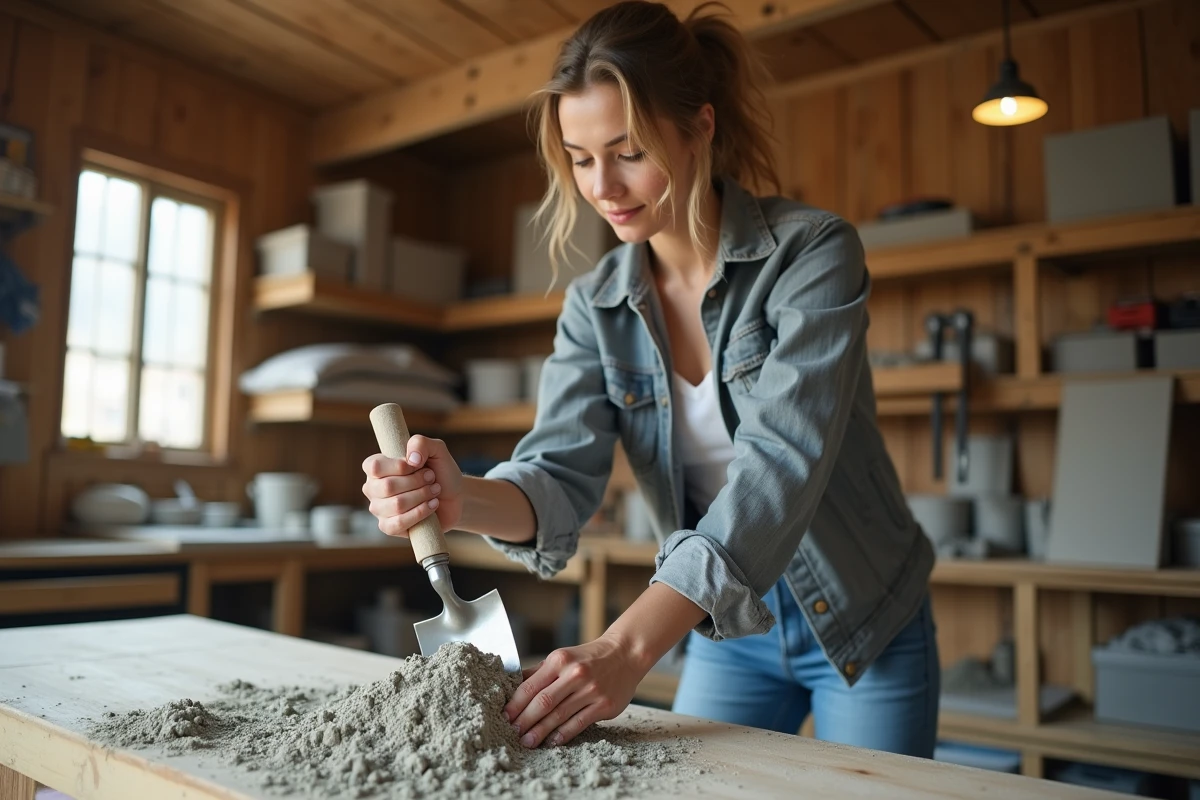 Jeune femme préparant du mortier dans un atelier lumineux
