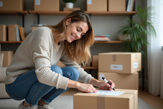 Femme crouchée étiquetant une boîte dans un salon organisé