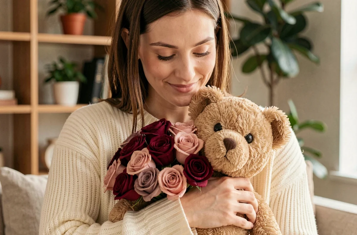 Femme tenant un ourson en roses préservées bordeaux contre sa poitrine dans un salon chaleureux, expression douce et nostalgique