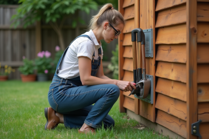 Femme d'âge moyen arrangeant des outils de jardinage à côté d'un cabanon
