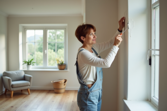 Femme peignant un cadre de fenêtre dans un intérieur rénové