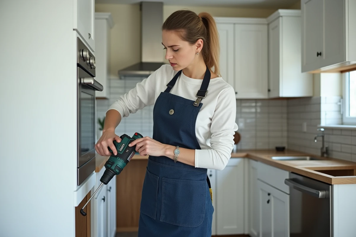 Femme utilisant une perceuse mal orientée sur une vis foirée lors d'une rénovation de meuble de cuisine à domicile