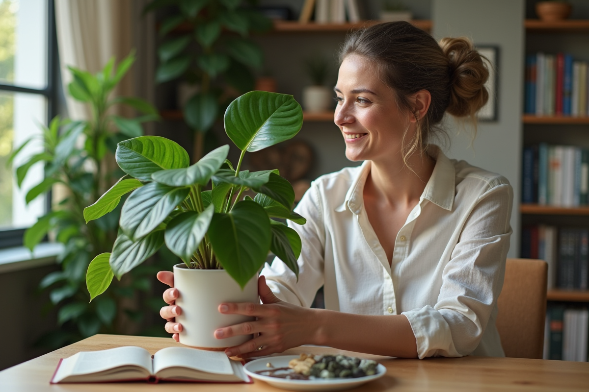 Femme souriante avec plante d interieur dans un salon lumineux