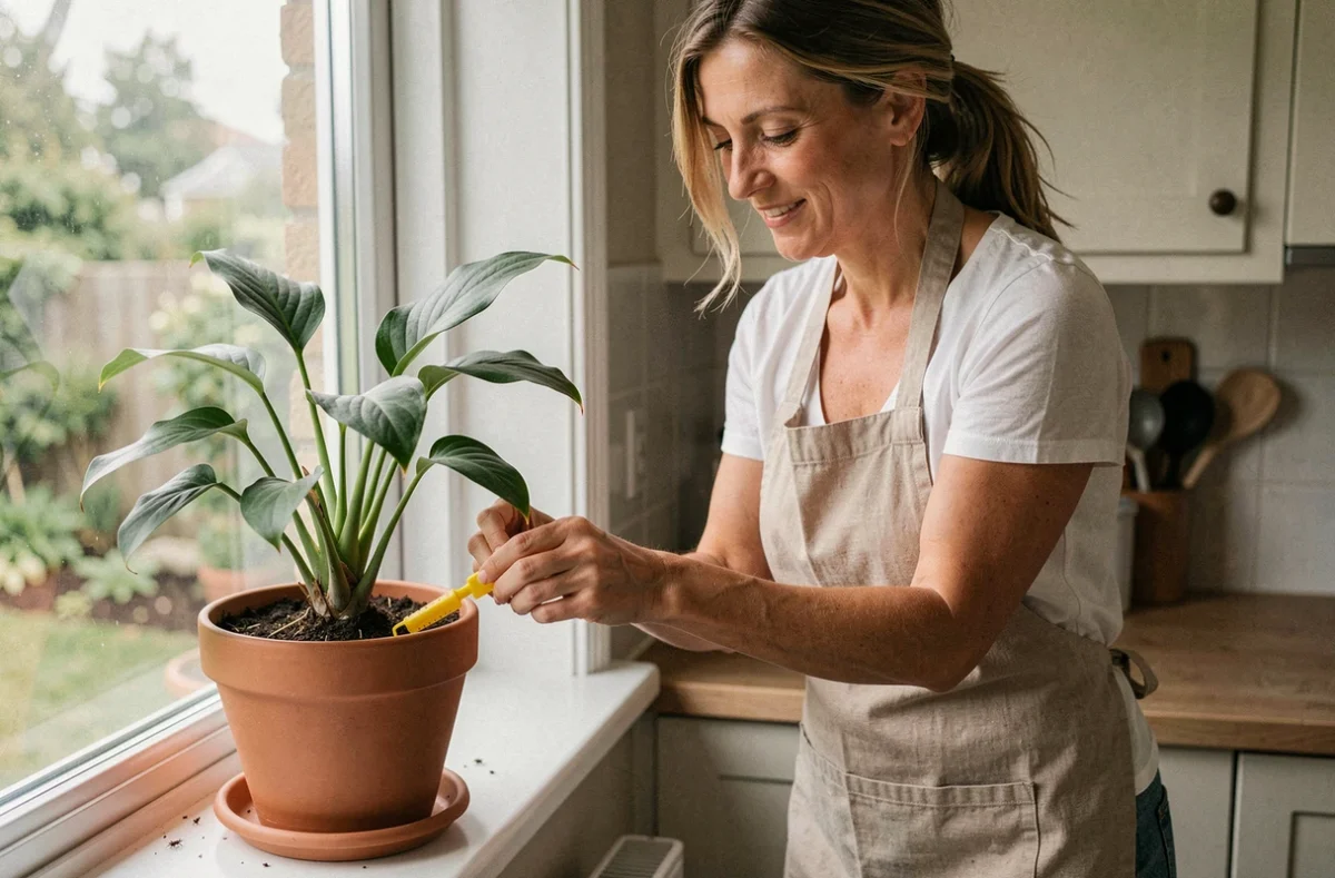 Femme installant un piège collant jaune à moucherons près d'une plante d'intérieur sur un rebord de fenêtre