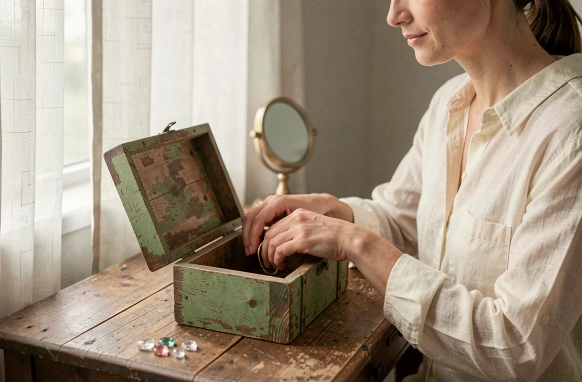 Femme rangeant un bracelet en or dans une boîte à bijoux vintage en bois à patine verte sur une coiffeuse rustique près d'une fenêtre