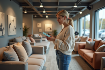 Femme d'âge moyen cherchant des canapés en magasin