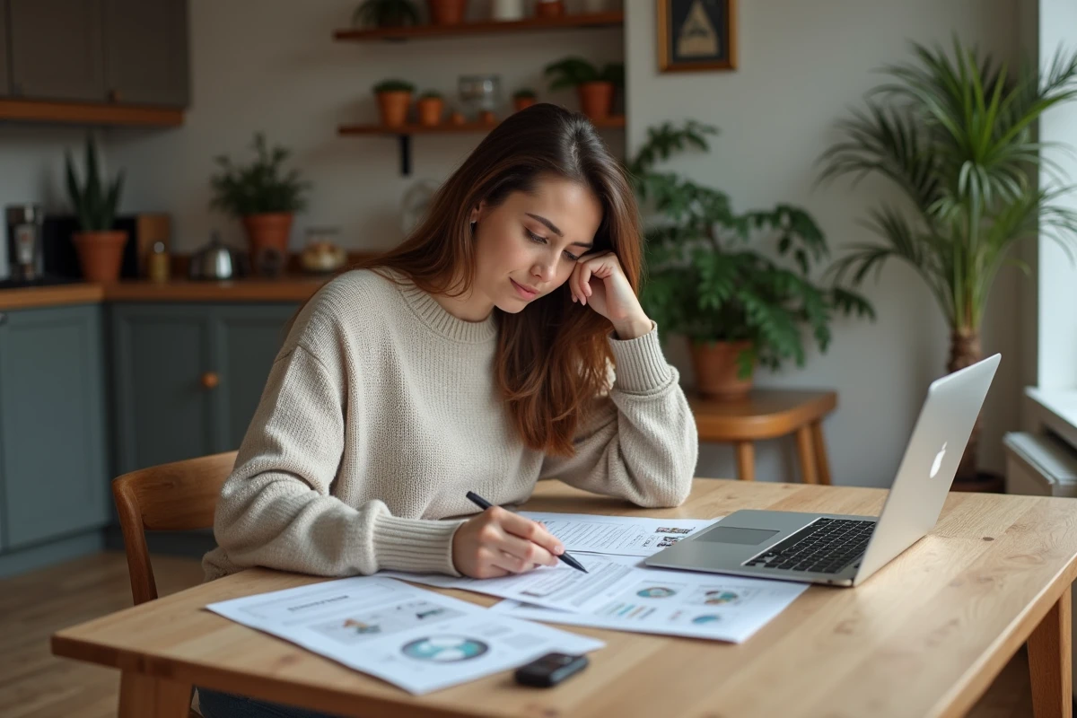 Femme étudie des devis de rénovation dans son appartement