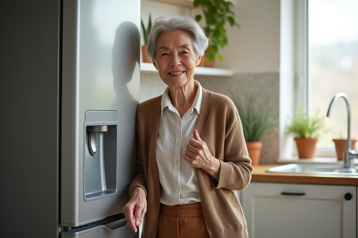 Femme âgée souriante touchant la porte d