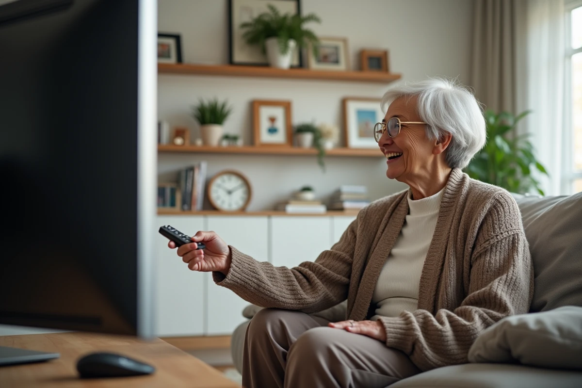 Femme âgée regardant la télévision dans un appartement lumineux et organisé